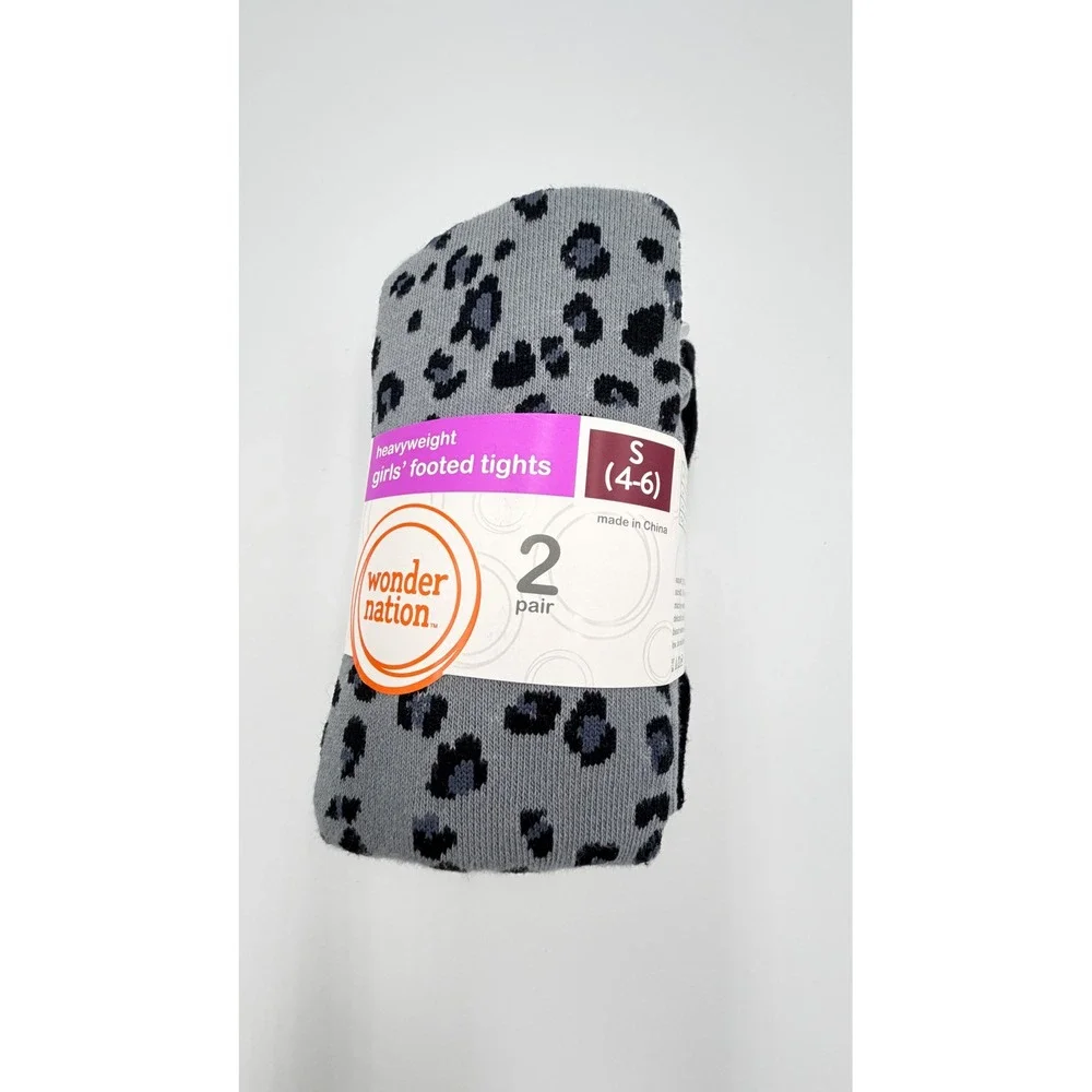 WonderNation Girls Heavyweight Footed Tights 2Pack Black Leopard Grey‎ S 4-6 NWT